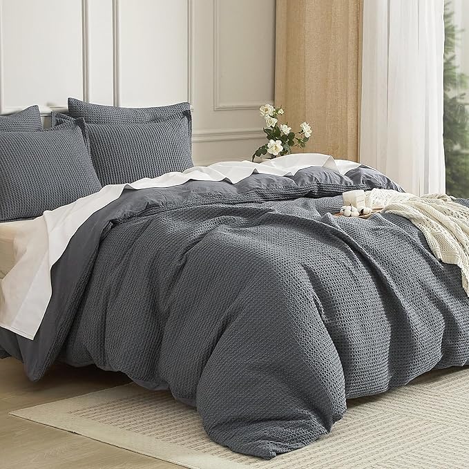 SE SOFTEXLY Waffle Duvet Cover King, 100% Cotton Waffle Weave Bedding Duvet Cover Set, Soft and Breathable Comforter Cover for All Season, 3 Pieces Including Pillow Shams（Dark Grey, 104”x90”）