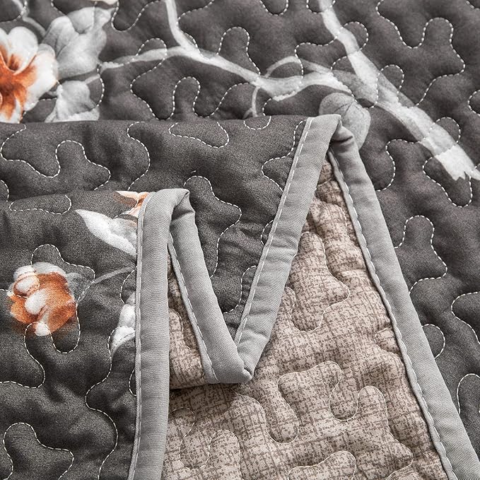 Flysheep 2 Pieces Quilt Set Twin Size, Dark Gray Floral Reversible Bedspread Coverlet Set, Soft Microfiber Lightweight Bed Cover for Kids (68" x 86", 1 Quilt+ 1 Pillow Sham)