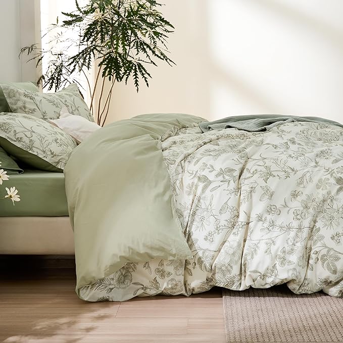 Bedsure Duvet Cover King Size - 100% Cotton Reversible Floral King Duvet Cover Set with Zipper Closure, 3 Pieces Soft & Breathable Botanical Green Bedding Set with 2 Pillow Shams 20"x36"