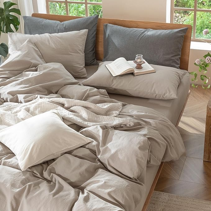 MooMee Bedding Duvet Cover Set 100% Washed Cotton Linen Like Textured Breathable Durable Soft Comfy (Solid Light Tan, Full 80"x90")