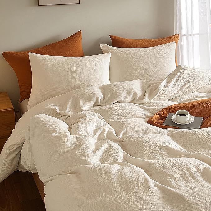 SE SOFTEXLY Muslin Duvet Cover Twin Size, 100% Washed Cotton Duvet Cover Set, Ultra Soft Comforter Cover Linen Like, 2 Pieces Minimalist Gauze Duvet Cover with 1 Pillowcase, 68"x90", Off-White