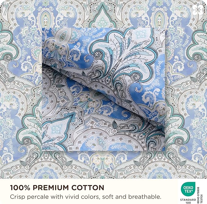 Bedsure 100% Cotton Reversible Paisley Damask Duvet Cover Queen Size - Classic Blue and White Pattern Comforter Cover with Zipper Closure & 2 Pillow Shams, No Comforter (Blue Paisley 90"x90")