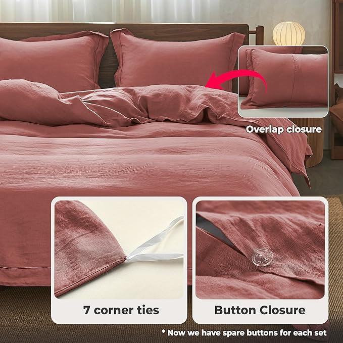 Simple&Opulence 100% Washed Linen Duvet Cover Set with Embroidered,3 Pieces Soft Farmhouse Comforter Set with Button Closure,1 Duvet Cover and 2 Pillowshams(Queen,Coral Red)