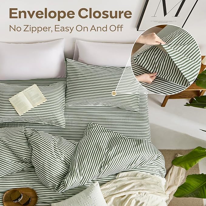 JELLYMONI 100% Natural Cotton 3pcs Striped Duvet Cover Sets,White Duvet Cover with Green Stripes Pattern Printed Comforter Cover,with Zipper Closure & Corner Ties(Cal King Size)