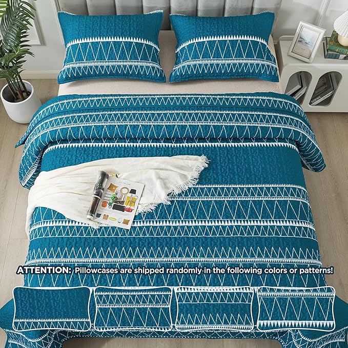 Andency Teal Twin Quilt Set, 2 Pieces Boho Lightweight Soft Striped Bedspread for All Season (68"x86"), Printed Bohemian Microfiber Reversible Coverlet Comoforter Sets