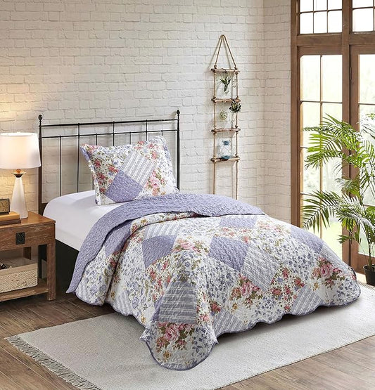 Brilliant Sunshine Rose Violet Patchwork, 2-Piece Quilt Set with 1 Sham, Reversible Bedspread, Soft Lightweight Coverlet, All-Season, Twin, Rose Violet
