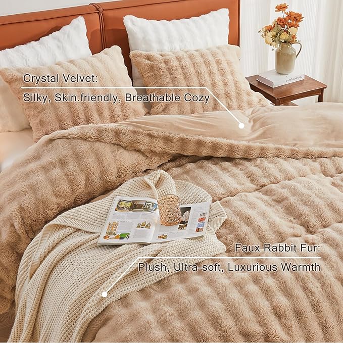 EMME Faux Fur Duvet Cover King Size, 3 Pieces Ultra Soft Fluffy Comforter Cover, Cozy Warm for Winter, Luxury Elegant Shaggy Bubble Design Bedding, 1 Duvet Cover & 2 Pillow Shams (King, Beige)