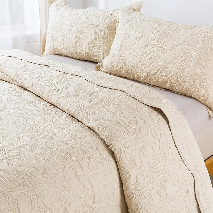 HoneiLife Quilt Set Queen Size - 3 Piece Embroidered Microfiber Bedspread Reversible Coverlet Lightweight Bedcover Paisley Pattern Bedding Set All Season Quilts-Khaki