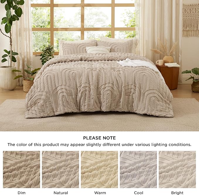 Bedsure Boho Tufted Khaki Comforter King Size, GentleSoft™ 3 Pieces Boho Farmhouse Decor Bedding, Arch Shabby Chic Bedding for All Seasons, 1 Bed Comforter, 2 Pillow Shams, 104x90 Inches