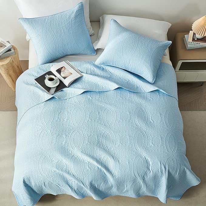 akkialla King Quilt Bedding Set,Sky Blue Ultrasonic King/Cal King Quilt Set,Lightweight Soft Bedspread Coverlet,Modern Style Coin Pattern Bed Cover for All Seasons,3 Piece(1 Quilt,2 Pillow Shams)