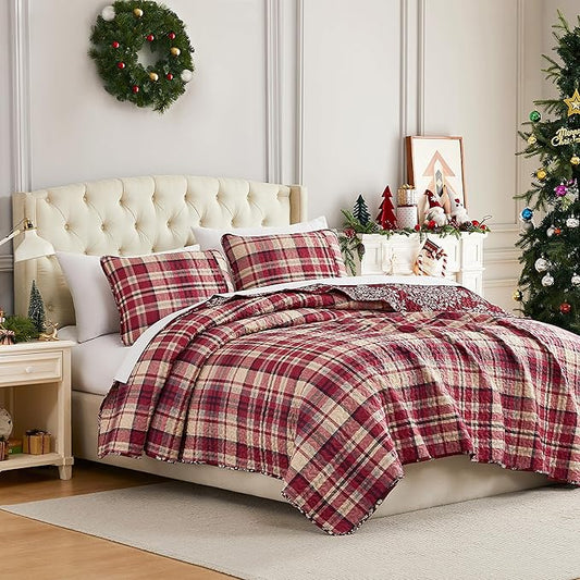 Southshore Fine Living, Inc. Christmas Quilt, Queen Size Size with 2 Pillow Shams, Reversible Plaid Christmas Bedding Set, Coverlet Queen Size - Red Plaid