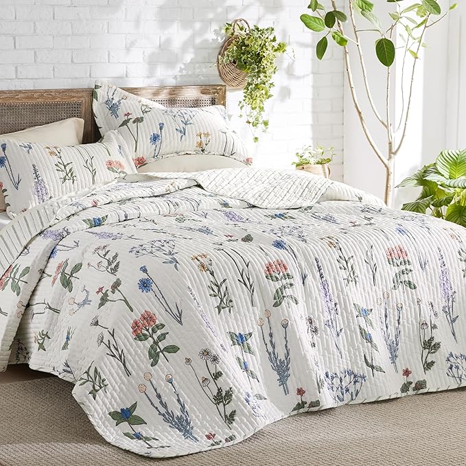 Bedsure Floral White Quilt Queen - Reversible Queen Size Floral Quilt Bedding, Lightweight Bedspread, Soft Botanical Coverlet for All Seasons (90"x96")