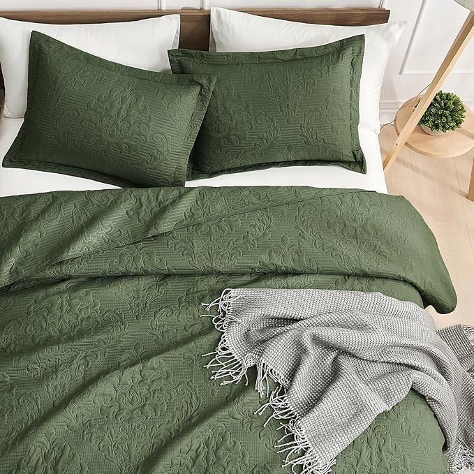 Hansleep Olive Green Quilt Twin Size - Damask Ultrasonic All Season Bedspread Twin, Soft Lightweight Coverlet Bedding Set, 2 Piece (1 Quilt, 1 Pillow Shams)