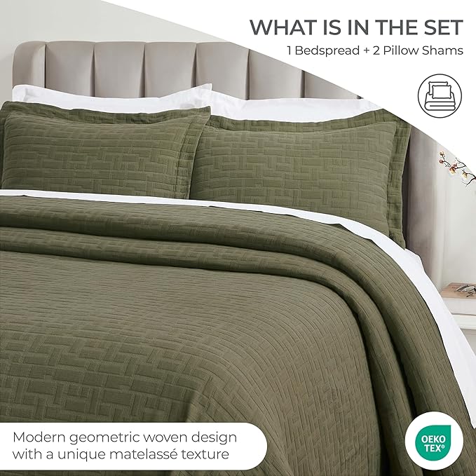 Superior 3 Piece Cotton Bedspread and Sham Set, Home Bed Decor, Decorative Bed Spread, 2 Pillow Shams, Medium Weight, Matelasse Coverlet, Bedding Essentials, Madrid Collection, King, Olive Green