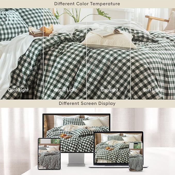 MooMee Gingham Duvet Cover Set 100% Washed Cotton Linen Like Textured Breathable Durable Soft Comfy Modern Checkered Design (Buffalo Plaid Forest Green, King 104"x90")