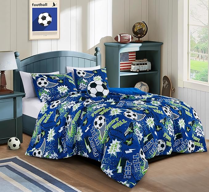 Chezmoi Collection 3-Piece Kids Football Soccer Bedding Comforter Set Twin Size - Soft Microfiber Blue Green Black White Printed Football Soccer Sports for Kids/Teens