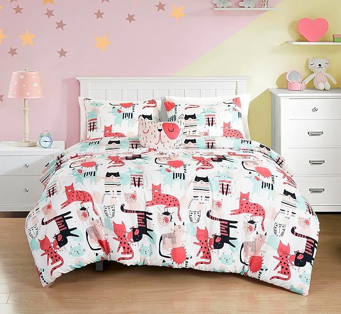 Chezmoi Collection 4-Piece Cartoon Cats Bedding Set Full/Queen Size - Blue Pink Black Soft Microfiber Comforter Set w/Cat Throw Pillow for Kids Teens