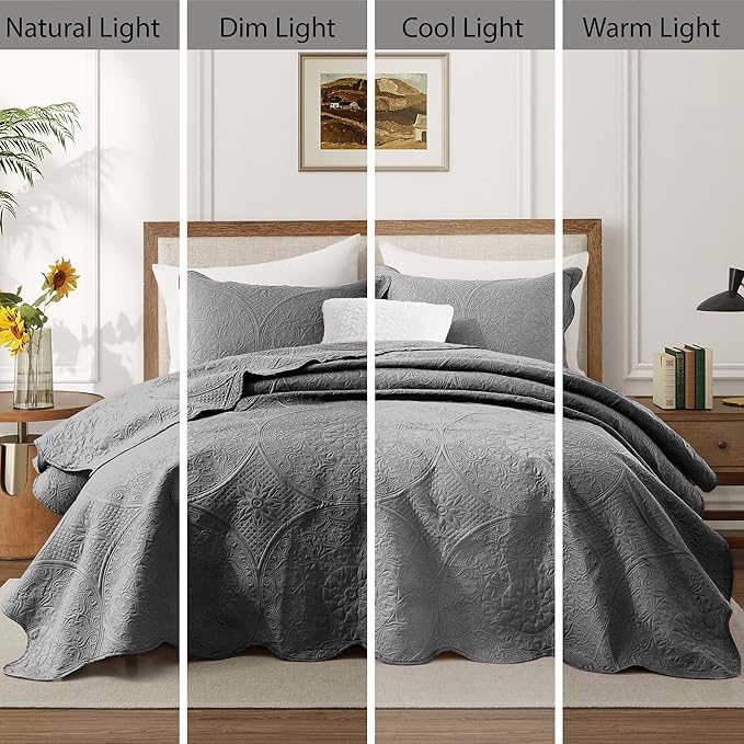 IR Imperial Rooms 8 Pack Quilt King Size Bedding (106" x 96") - Bulk Wholesale for Hotels, Guest Bedroom & Airbnbs - Lightweight Microfiber Reversible Floral Embossed Quilts Bedspreads (Grey)