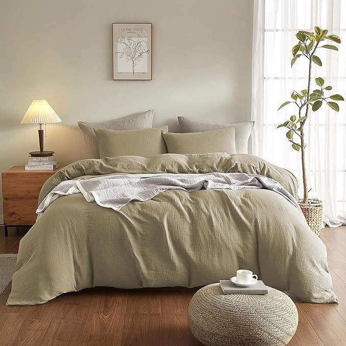 SE SOFTEXLY Muslin Duvet Cover California King Size, 100% Washed Cotton Duvet Cover Set, Soft Comforter Cover Linen Like, 3 Pieces Minimalist Gauze Duvet Cover with 2 Pillowcases, 98"x104", Oatmeal