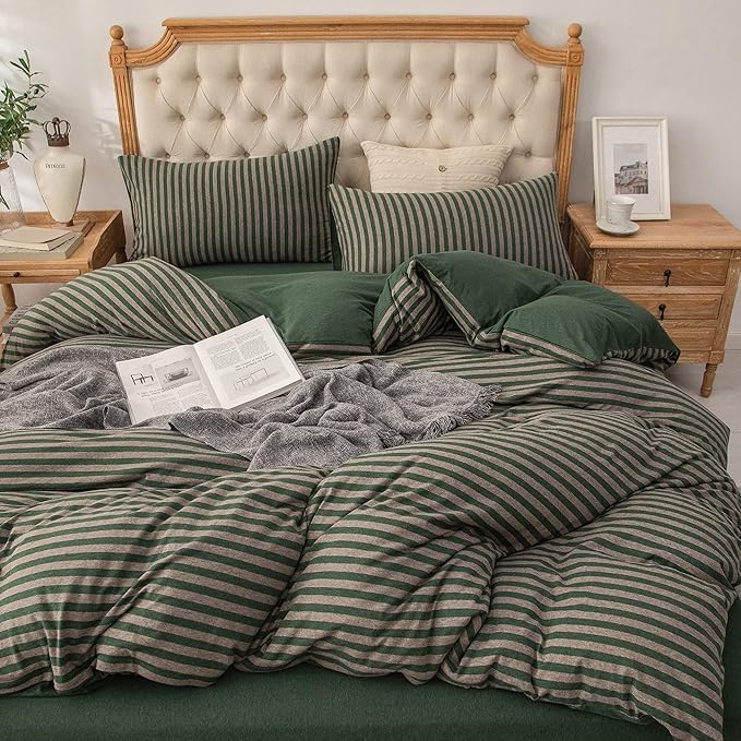 PURE ERA Jersey Knit Duvet Cover Set 100% T-Shirt Heather Cotton Super Soft Comfy Classic Striped Design, with Zipper Closure, Forest Green Stripe, Queen