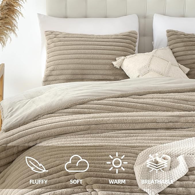 Smoofy Fluffy Twin Comforter Sets 2 Pieces - Linen Fleece Fluffy Comforter Set, Luxury Fuzzy Twin Bedding Set, Soft Warm Comforter All Season, Heavy Faux Fur Comforter with Pillow Cases