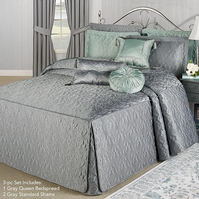 Cambridge Classic Luxury Bedding | Neutral Warm Gray Solid Color Polyester Satin | Elaborate Damask Quilting | Fitted, Oversized 24 Inch Drop | 3 Pc Bed Set Includes Queen Bedspread & 2 Standard Shams