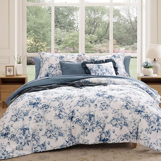 King Comforter Set -7 Pieces Floral Blue Comforter Set for All Seasons, Bed in a Bag King with Botanical Flowers Comforter, Sheets, Pillowcases & Shams