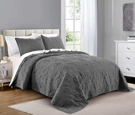 Pure Bedding Quilt Set Full/Queen Size Dark Grey - Oversized Bedspread - Soft Microfiber Coverlet for All Season - Includes 1 Quilt and 2 Shams, Ocean Star Pattern