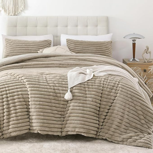 Smoofy Fluffy Twin Comforter Sets 2 Pieces - Linen Fleece Fluffy Comforter Set, Luxury Fuzzy Twin Bedding Set, Soft Warm Comforter All Season, Heavy Faux Fur Comforter with Pillow Cases