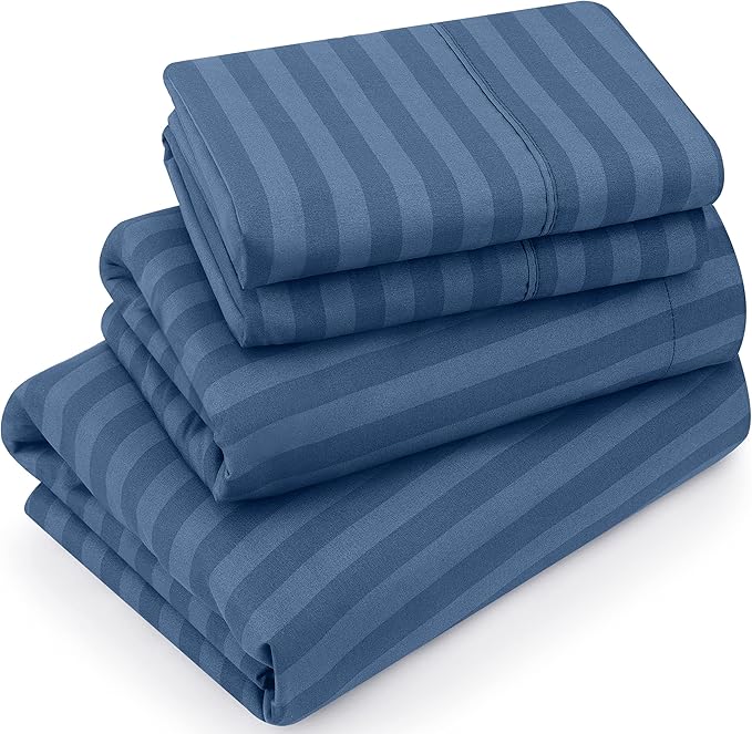 Utopia Bedding Queen Sheet Set, Soft Microfiber 4 Piece Bed Sheets with 15" Deep Pocket - Easy Care Brushed Microfiber (Stripe - Navy)