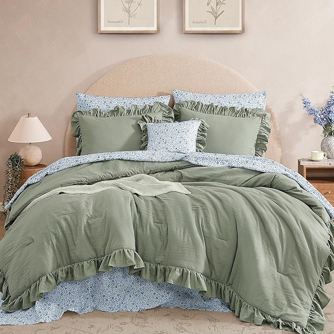 Oversized King Comforter Set - 7 Pieces Ruffle Sage Leaf Bedding Sets, Shabby Chic Farmhouse Bed in a Bag with Ruffle Comforter, Floral Sheets, Pillowcases & Shams