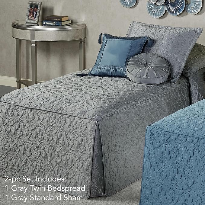 Cambridge Classic Luxury Bedding | Neutral Warm Gray Solid Color Polyester Satin | Elaborate Damask Quilting | 2 Piece Bed Set Includes Twin Bedspread and Standard Pillow Sham | Also Fits Twin XL Beds