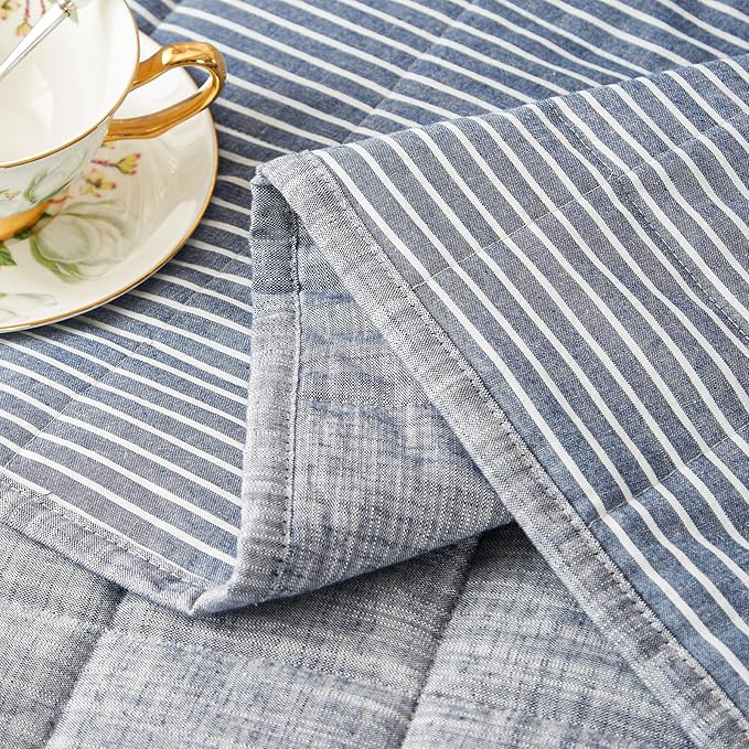 Navy Quilts Twin Quilt， Cotton Twin Quilt Bedding Set，2-Pieces Quilted Bed Spread with Blue Stripe Coverlet Light Weight Navy Bedspread with 1 Pillow Sham