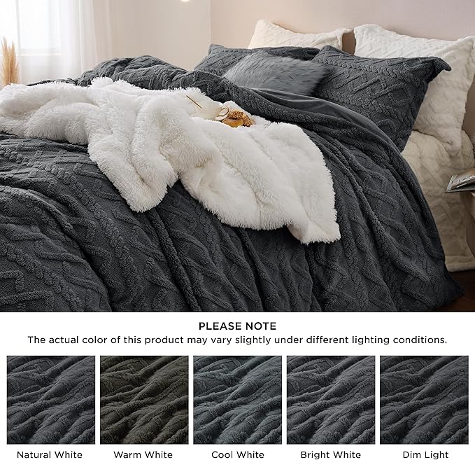 Bedsure Fluffy Flannel Duvet Cover Set - Faux Fur Comforter Cover King Size, Dark Grey Warm Plush Bedding for Winter, 3-Piece Set with Zipper Closure (104"x90") and 2 Pillow Shams
