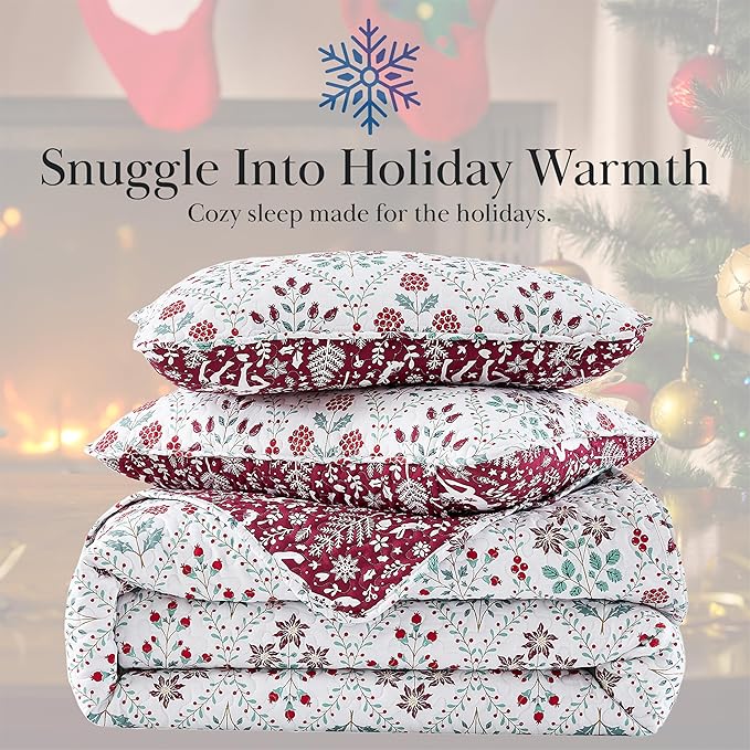 Southshore Fine Living, Inc. Christmas Quilt, Queen Size/Full with 2 Pillow Shams, Reversible Coverlet, Queen Size/Full Size Holiday Christmas Bedding Set - Vintage Red & Cream