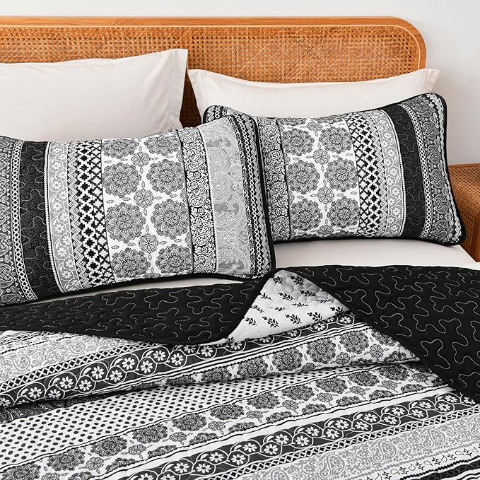 WONGS BEDDING Boho Quilt Set Full Size, Grey Bohemian 3 Pieces Quilt Sets, Lightweight Microfiber Bedspread Coverlet Bedding Set for All Season (78"x90")
