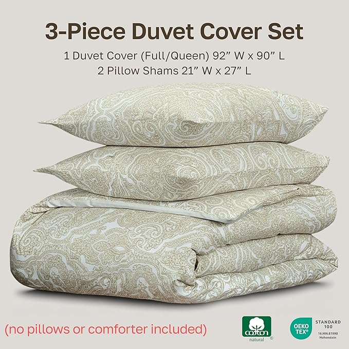 California Design Den Full/Queen Size Duvet Cover Set, 400 Thread Count 100% Cotton, Sateen Comforter Cover & 2 Pillow Shams Bedding Queen Size Set, Button Closure, Corner Ties (Paisley Beige)
