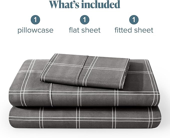 Bare Home Twin XL Sheet Set - College Dorm Size - 1800 Ultra-Soft Microfiber - Deep Pockets - Easy Fit - 3 Piece Set - Bed Sheets (Twin XL, Modern Plaid - Grey/White)