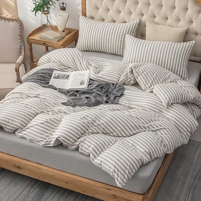 PURE ERA Jersey Knit Duvet Cover Set 100% T-Shirt Heather Cotton Super Soft Comfy Classic Striped Design, with Zipper Closure, Grey & White Stripe, King