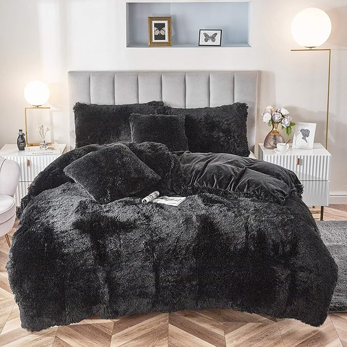 Uhamho Faux Fur Velvet Fluffy Bedding Duvet Cover Set Down Comforter Quilt Cover with Pillow Shams, Ultra Soft Warm (Black, Queen)