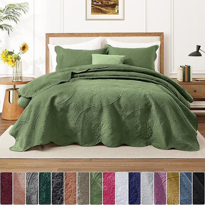 IR Imperial Rooms Twin Quilt Bedding Set Size (68” x 86”) + 1 Pillow Shams (20” x 26” + 2”) - 2 Pcs All Season Lightweight Reversible Microfiber Coverlet Floral Embossed Quilt Bedspread (Olive Green)