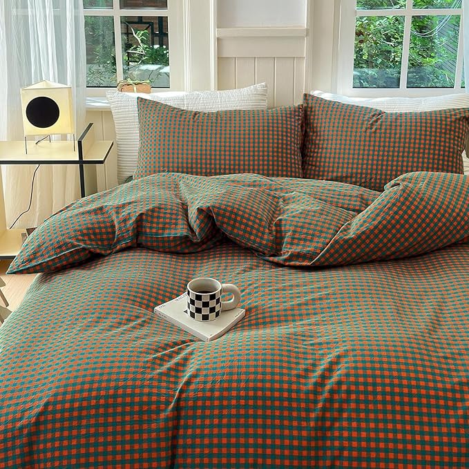 LifeTB Gingham Comforter Set Full Modern Style Orange Green Plaid Grid Comforter Soft Fluffy 3 Pieces Checkered Pattern Comforter Set Farmhouse Gingham Bedding Comforter with 2 Pillowcases