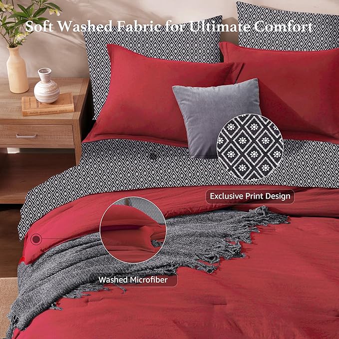 Monbix Queen Comforter Set - 7 Pieces Bright Red Prewashed Bed in a Bag Queen Bedding Sets with Comforters, All Seasons Ultra Soft Comforter Bed Set with Sheets, Pillowcases & Shams