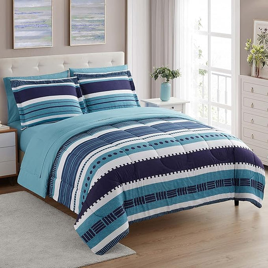 Sweet Home Collection 7 Piece Comforter Set Bag Solid Color All Season Soft Down Alternative Blanket & Luxurious Microfiber Bed Sheets, Marino, Queen