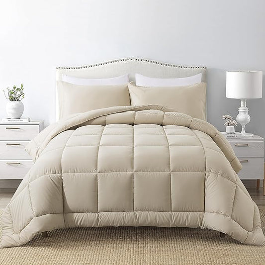 DOWNCOOL Twin Comforter Set -All Season Bedding Comforters Sets with 1 Pillow Case -2 Pieces Bed Set Down Alternative Comforter Set -Beige Twin Bedding Sets(64"x88")