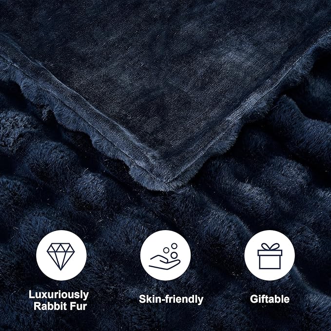 DREAMNINE Super Soft Thick Bubble Faux Rabbit Fur Throw Blanket for Couch 50" x 60", Reversible Plush Warm Winter Fluffy Blankets, Decorative Cute Cozy Bubble Furry Blanket for Bedroom Sofa, Navy Blue