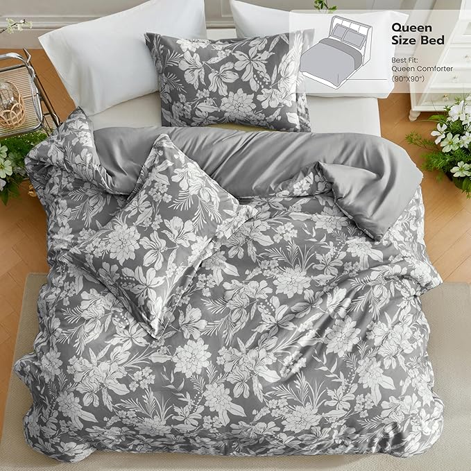 Joiedomi Queen Comforter Set Grey, 3 Pieces Floral Queen Bedding Set with 1 Soft Reversible Botanical Flower Comforter and 2 Pillow Shams, Bed in a Bag for All Seasons