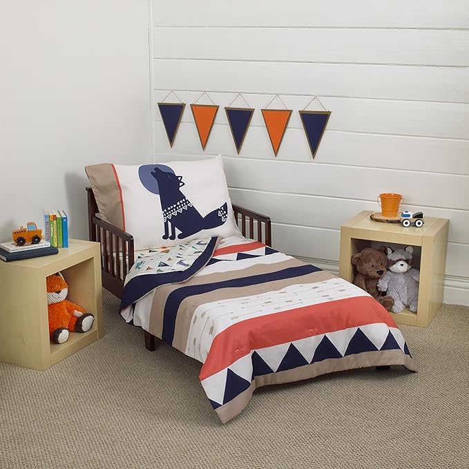 Carter's Aztec 4 Piece Toddler Bedding Set, Navy, Cream, Orange, Beige