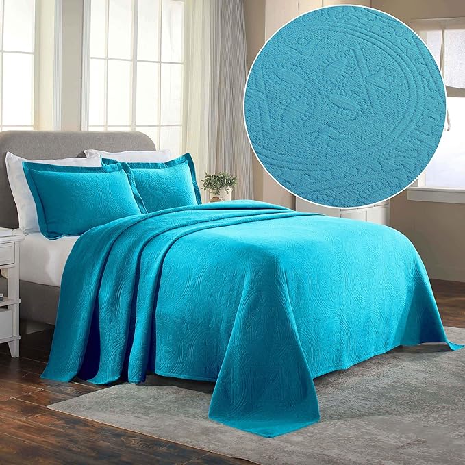 Superior 2 Piece Celtic Circles Cotton Bedspread Set, Decorative Bed Spread, Home Bed Decor, 1 Pillow Sham, Medium Weight Blanket, Matelasse Coverlet Bedding, Wedding Ring Design, Queen, Peacock Blue