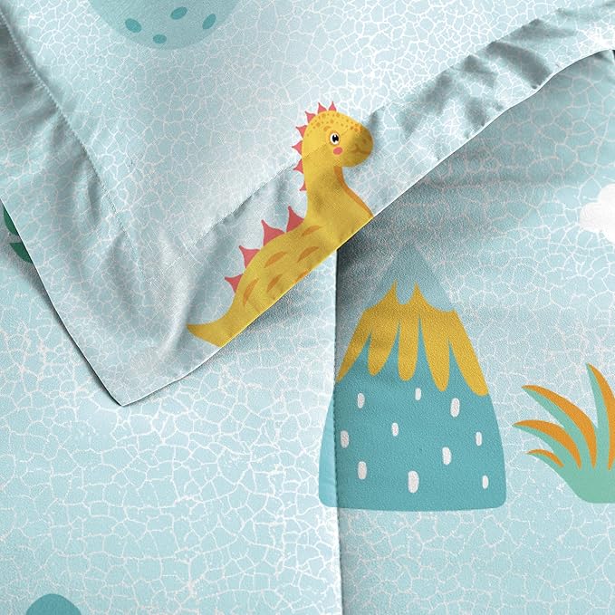 Dream Factory Kids 7-Piece Complete Bed Set Easy-Wash Super Soft Microfiber Comforter Bedding, Full, Blue Sweet Dino